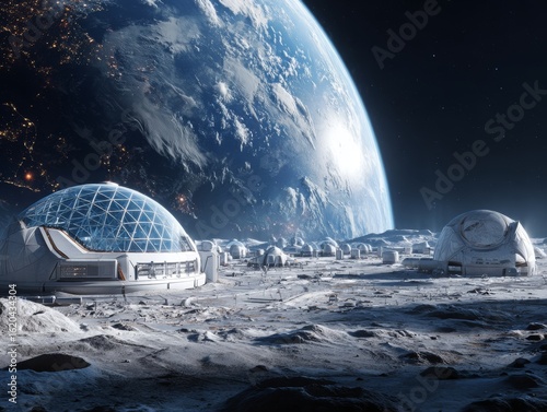 Sophisticated lunar outpost with habitat domes energy panels and Earth visible in black space horizon