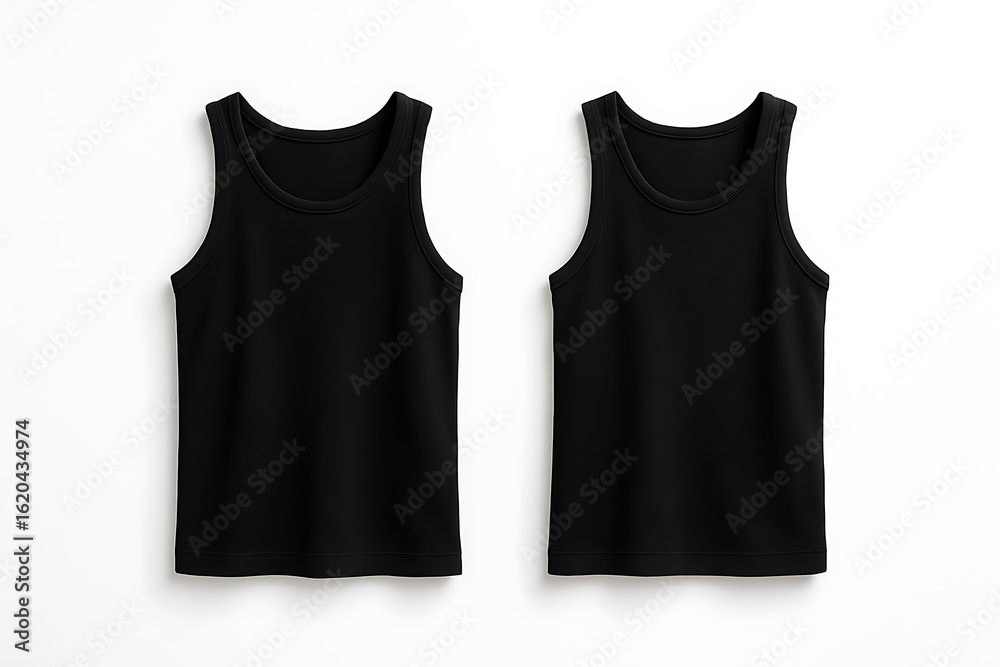 Fototapeta premium Classic black tank top front and back view, ideal for clothing design, fashion photography, and minimalist apparel branding.