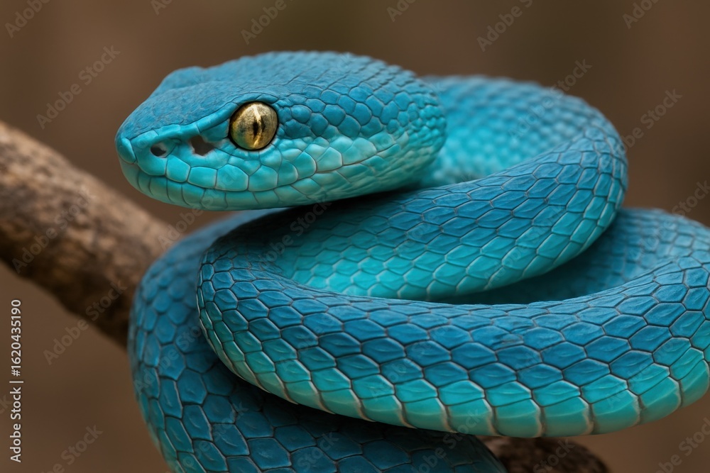 Fototapeta premium Stunning Close-up of a Vibrant Blue Pit Viper Coiled on a Branch