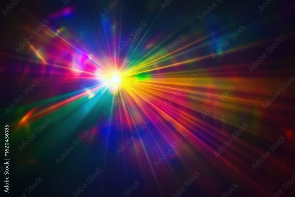 Obraz premium Radiant light burst featuring a brilliant spectrum of colors, including vibrant reds, blues, greens, yellows, emanating dynamically from central point, creating a stunning visual display