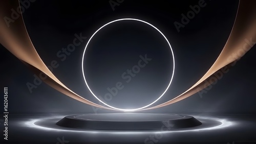 Two brown metallic ribbons creating circle on black background with circular platform