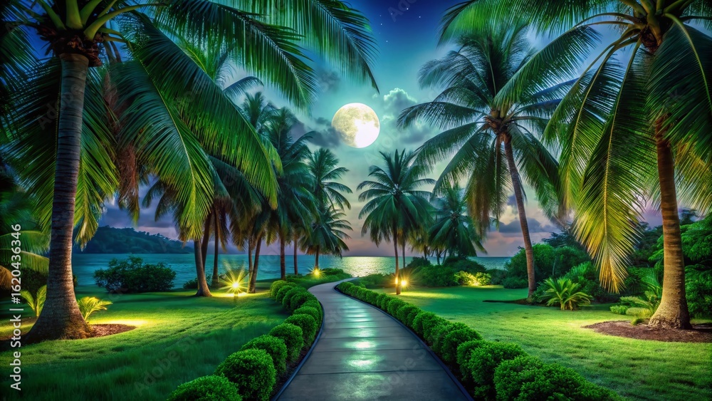 Fototapeta premium Tranquil Tropical Night Pathway: Lush Palm Trees, Peaceful Escape