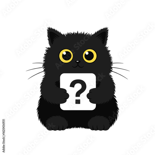 Cute black cat holding a question mark sign with big eyes, isolated