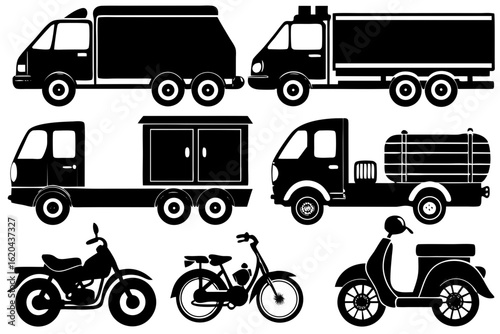 Set of transport vehicle silhouettes. Collection of various trucks, motorcycles, and scooters for logistics and delivery industry concepts. Vector graphic icon set.