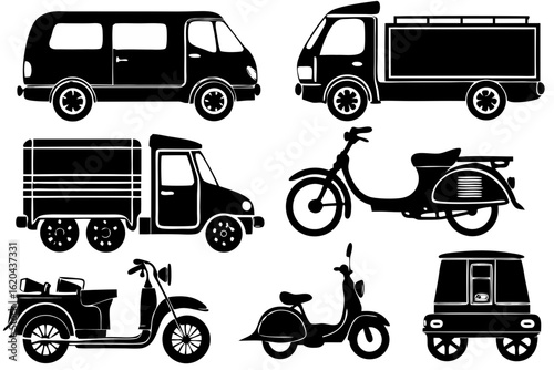 A set of black vehicle silhouettes for transportation and delivery services. Includes icons of a van, truck, and scooters.