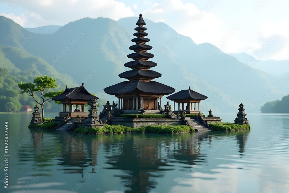 Obraz premium 3D Illustration of Pura Ulun Danu Beratan on Lake Beratan, Bali