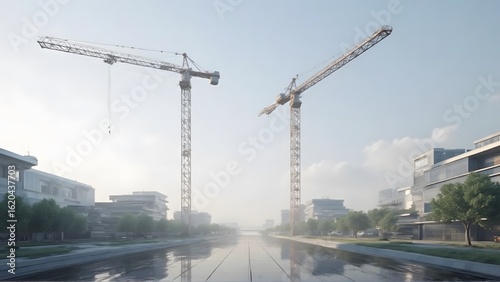 Two cranes in construction site with buildings