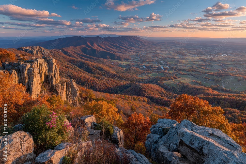Fototapeta premium Panoramic autumn vista from a mountain peak, with colorful forests and distant hills, a serene valley stretches out towards the horizon under a partly cloudy sky.