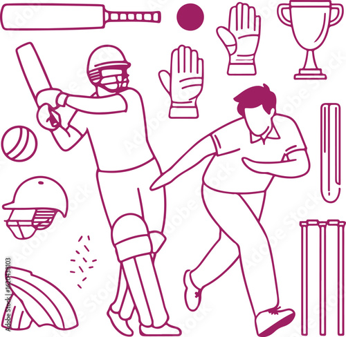 Cricket players batting bowling trophy and equipment sport