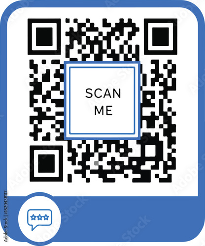 Modern blue QR Code with a 'Scan Me' call to action and a customer feedback rating icon for digital interaction. Vector illustration for mobile marketing.