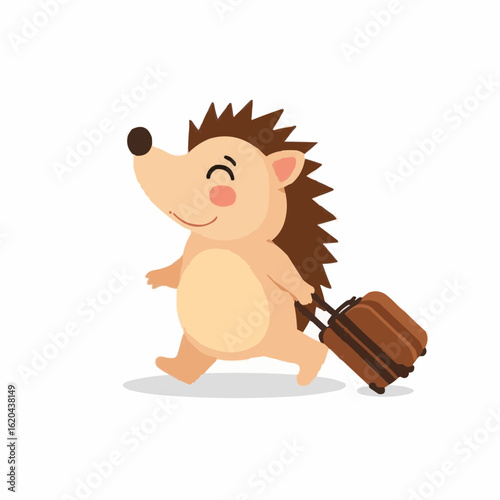 Happy cartoon hedgehog walking with suitcase on white background  