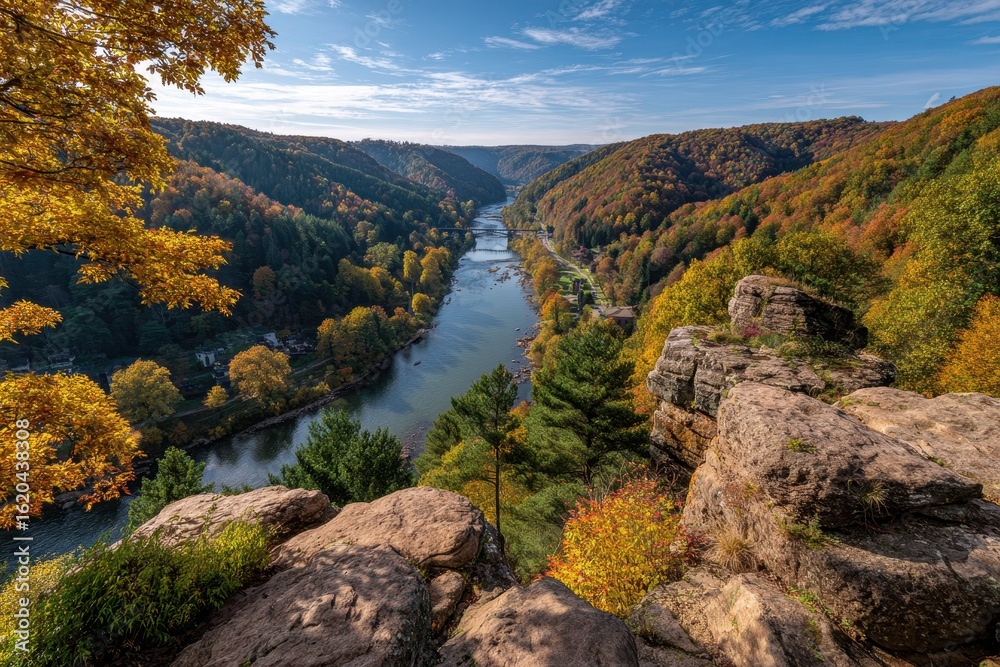 Spectacular aerial view of the New River Gorge during the vibrant autumn season, showcasing colorful trees, winding rivers, and dramatic cliffs under a beautiful blue sky. Spectacular aerial view of the New River Gorge during the vibrant autumn season, showcasing colorful trees, winding rivers, and dramatic cliffs under a beautiful blue sky.