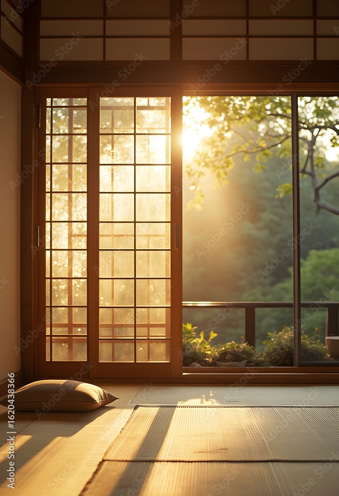 Obraz premium Sunlit Tranquility: Japanese Room with Garden View and Tatami Mats