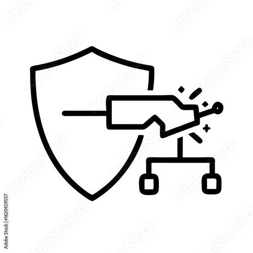 A symbol of security and advanced technology that intertwines in a striking monochrome graphic, a shield with a laser cutting machine signifies protection in a technological era.