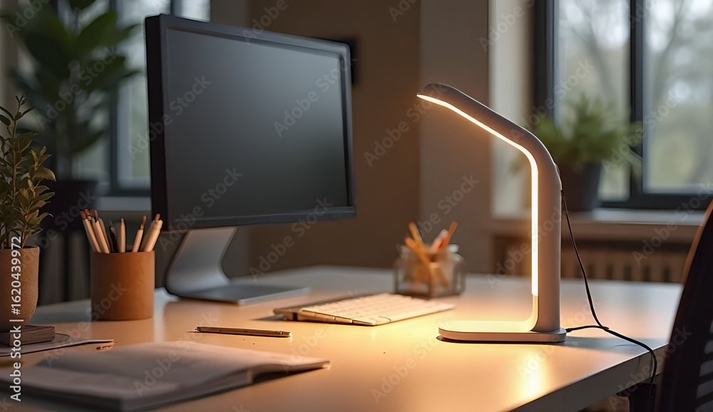 Fototapeta premium A modern desk setup featuring a computer monitor, keyboard, lamp, and various office supplies neatly arranged