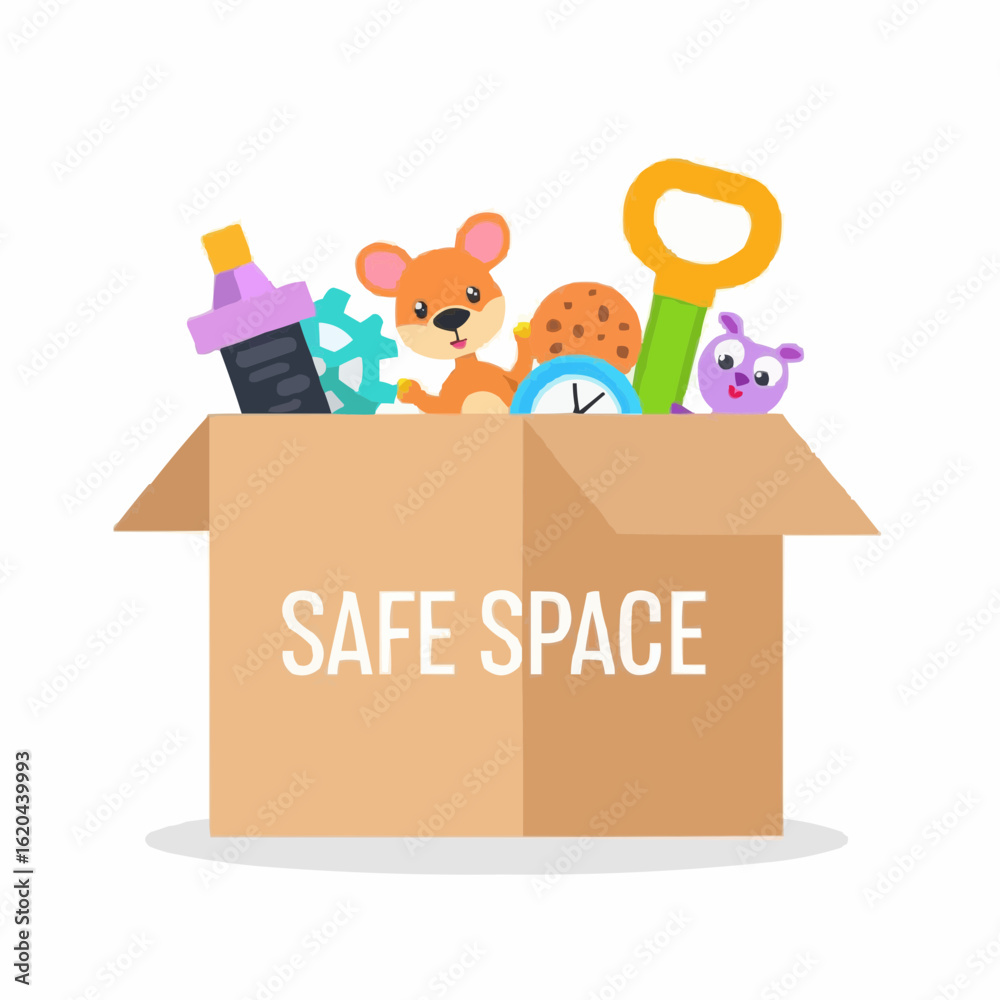 Fototapeta premium Cartoon box filled with colorful toys and labeled as safe space 