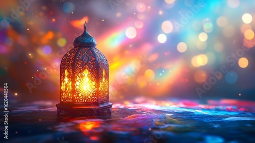 Ornamental Lantern Radiating Warm Light Against a Festive Backdrop