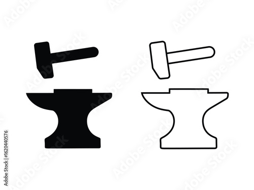 Blacksmith Vector Icons. Hammer, Anvil, Forging Tools for Tough Craftsmanship. Silhouette of Anvil, hammer symbol