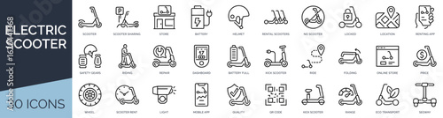 Set of 30 outline icons related to electric scooter. Linear icon collection. Editable stroke. Vector illustration