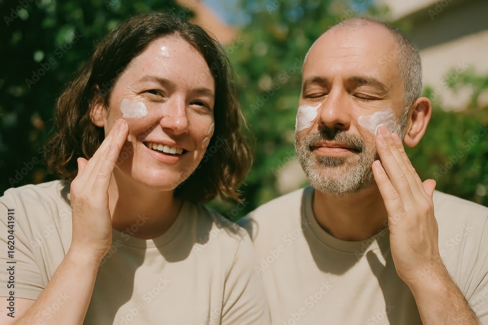 Fototapeta premium Couple applying sunscreen outdoors.