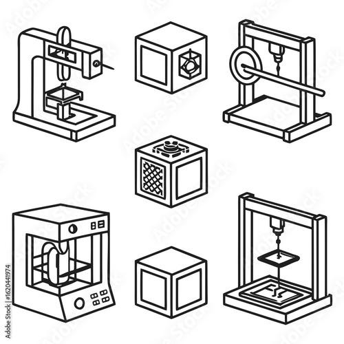 Isometric Line Art of 3D Printers and Cubes.