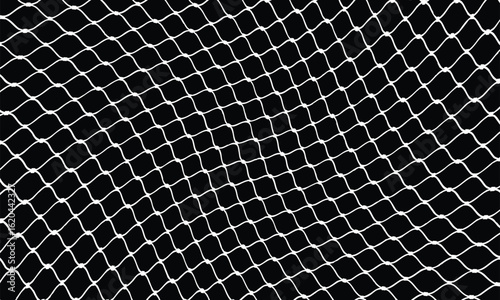 Close-up of white fishing net with diamond mesh pattern on black background. Minimalist, geometric style highlighting texture, weave, and symmetry. High contrast, no shadows.