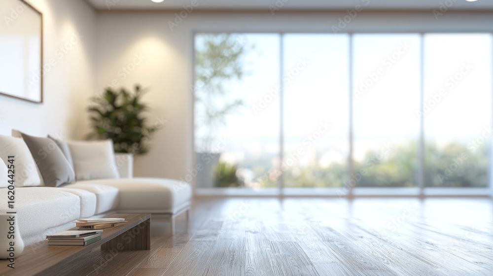 Fototapeta premium Modern Living Room Interior Design with Panoramic Window View
