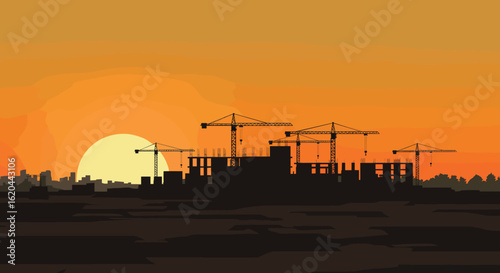 Industry Growth at a Skyscraper Site in Urban Landscape Silhouette, Illustration of Progress and Development