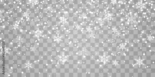 Vector falling snowflakes on png background. Vector heavy snowfall. White snowflakes flying in the air. Snow flakes, snow and blizzard. Christmas snow. Vector illustration isolated on transparent.
