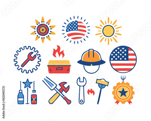Labor Day Celebration Vector Set – Tools, Workers, Flags & Barbecue