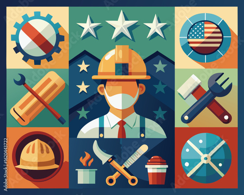 Labor Day Celebration Vector Set – Tools, Workers, Flags & Barbecue