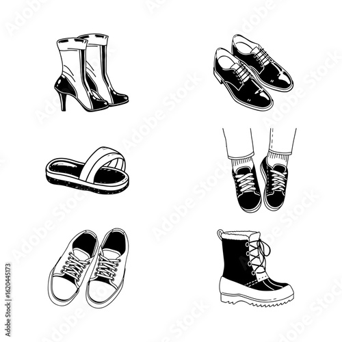 Women's and men's shoes, boots, sneakers, flip-flops. Vector set of doodle-style sketches.