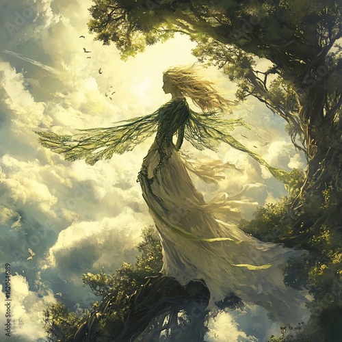 Ethereal woodland goddess draped in nature amidst a surreal skyscape