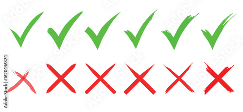 Green check mark and red cross icon set, circle and cross. Tick symbol in green color. Hand drawn checkmark and cross illustration. right and wrong