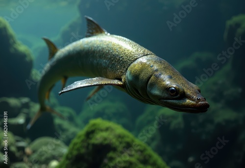 Trout Swimming Above Mossy Rocks in Clear Freshwater River