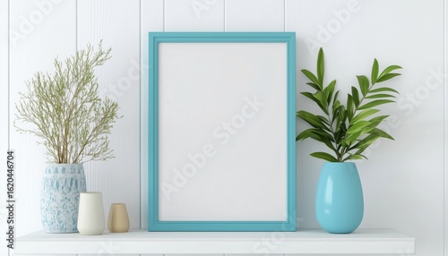 Blue Frame Mockup On White Shelf And Table With Mockup Diploma, Certificate, Picture, And Gratitude Frame Mockup On White Wooden Wall.