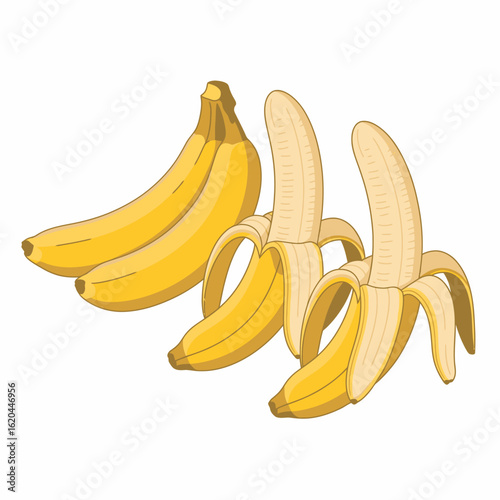 Fresh ripe yellow bananas one peeled showing fruit