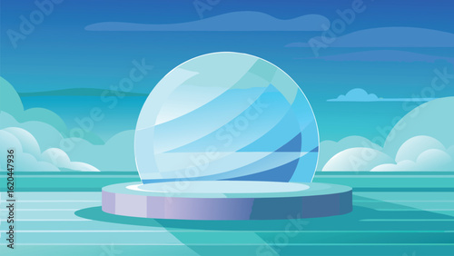 Blue glass dome on a platform with abstract sky and clouds background bubble