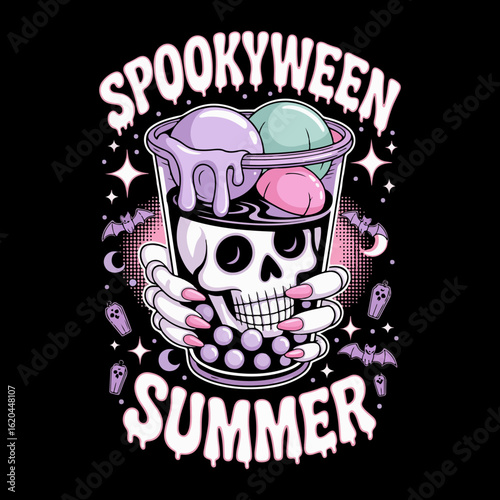 A spooky halloween summer illustration featuring a skull cup filled with ice cream and bubble tea balls for a sweet and spooky treat