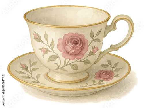 Vintage Rose Teacup and Saucer – Châteaucore Watercolor Style