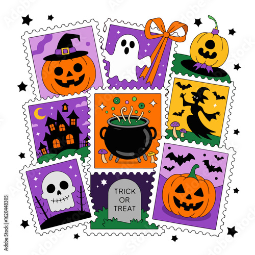 Collection of vintage halloween stamps featuring pumpkins ghosts and other spooky elements for cards and decorations