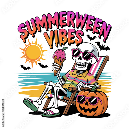 Cartoon skeleton enjoying summerween vibes on the beach with ice cream and a pumpkin friend