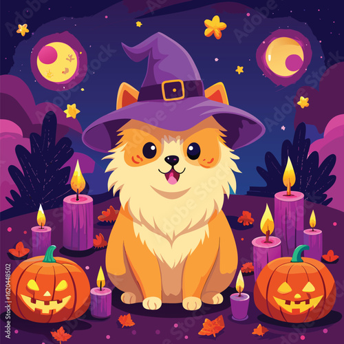 Cute corgi dog wearing witch hat surrounded by pumpkins and candles halloween
