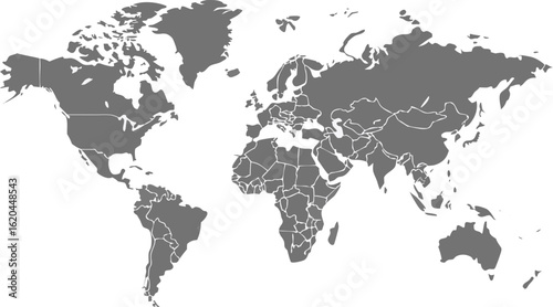 Flat gray world map with country borders on white background global geography