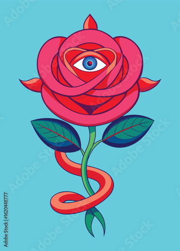 Pink rose with an all seeing eye and red ribbon on blue background flower symbol