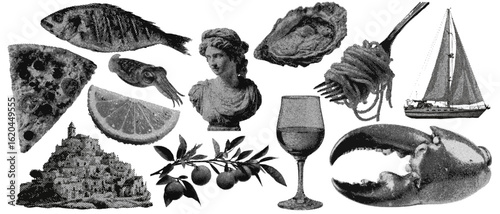 Set of european summer Mediterranean halftone grunge vector design elements