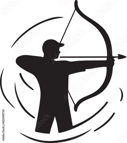 Archer aiming bow and arrow with swirling motion lines archery target