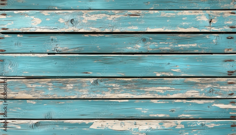 Fototapeta premium Vintage Wooden Fence Panel With Turquoise Shabby Paint And Peeling Surface On Rustic Old Wood Board Wall