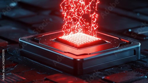 Futuristic CPU Processor Ignites with Red Energy Showcasing Advanced Technology and Power.