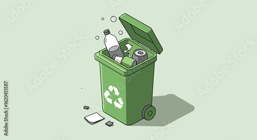 A green recycling bin overflowing with various waste items, promoting environmental awareness.